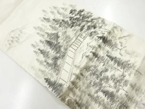 リサイクル　手描き樹木に家屋風景模様名古屋帯